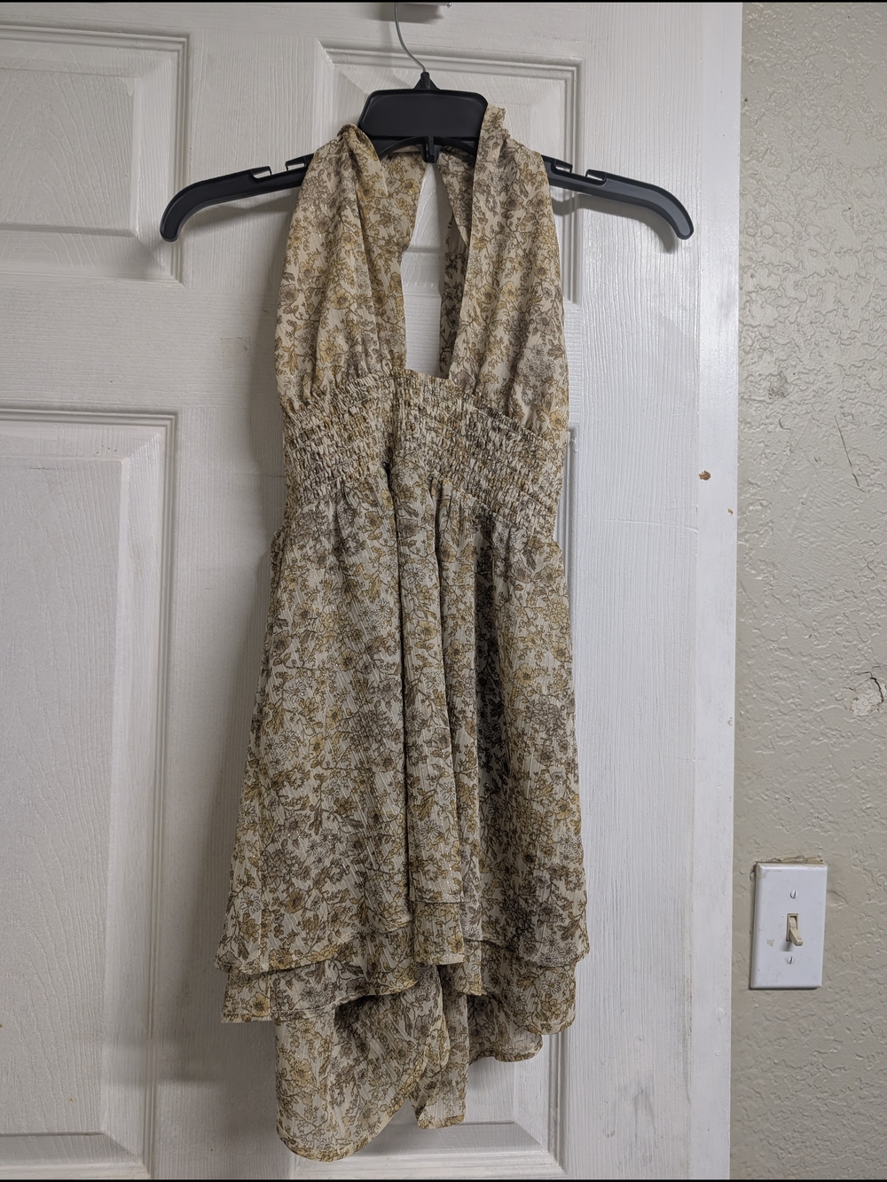 Floral Halter Smocked Waist Summer Dress - Beige